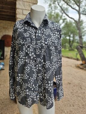 Western Aloha Hawaiian Pearl Snap Long Sleeve Shirt Grey White Floral Size XL